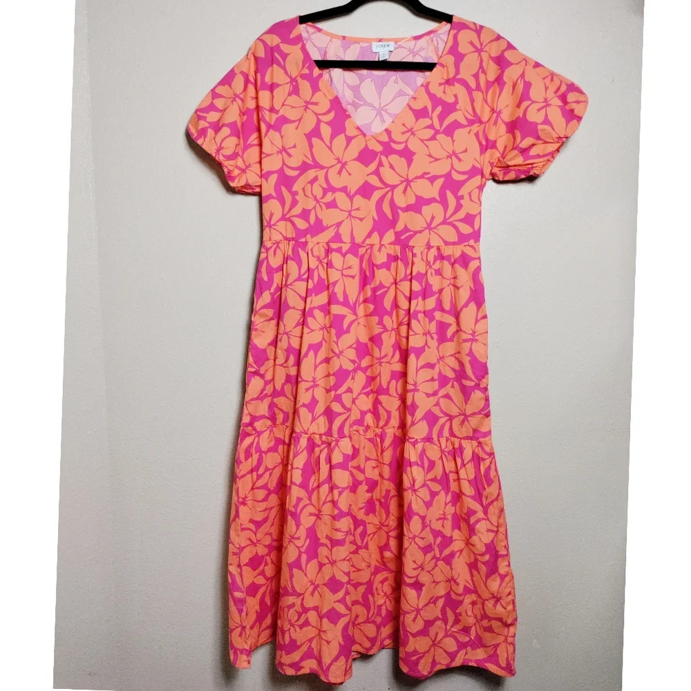 JCrew Pink Orange Tropical Floral Tiered Midi Boho V-Neck Vacation Dress Size 8 - Picture 2 of 8